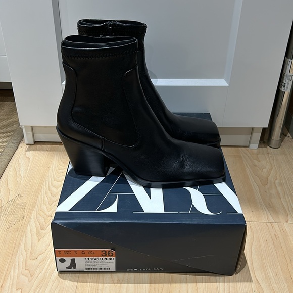 Zara Black Leather Square Toe Boots in Size 6 - Picture 2 of 7
